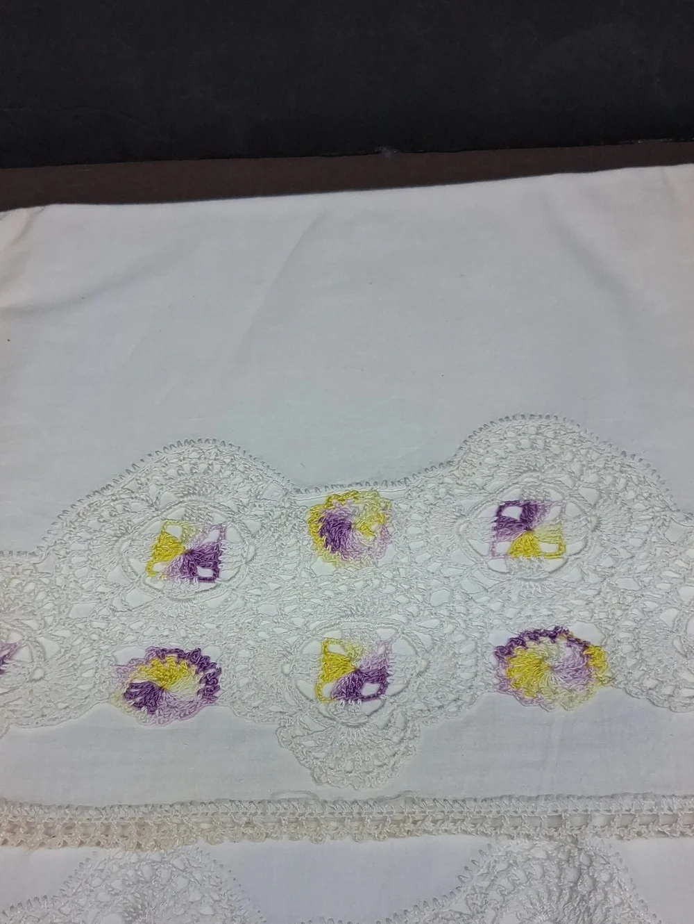Vtg. Pillowcases Tatted purple & yellow flowers & white lace cottage core estate